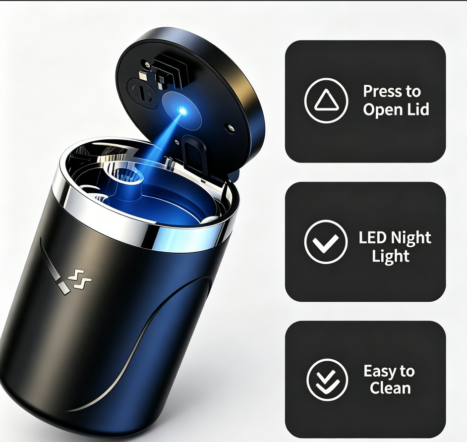 One‑Touch Open Car Ashtray, Portable Odor‑Sealing Vehicle Ash Holder with Lid
