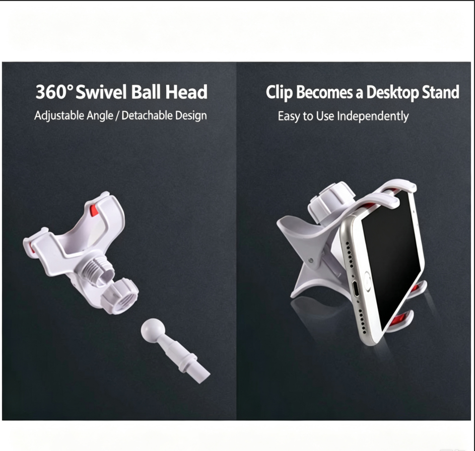 Dual Clip Lazy Phone Stand for Live Streaming, Desktop & Bedside Use