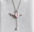 Women Angel Heart Pink Cubic Zirconia Pendant Necklace, Sweet Romantic Light‑Luxury Clavicle Chain Jewelry