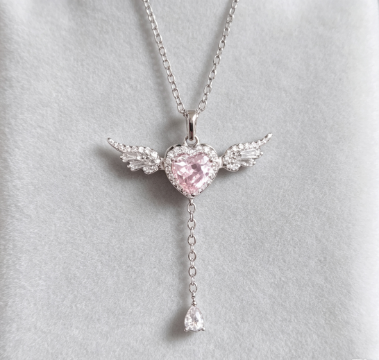 Women Angel Heart Pink Cubic Zirconia Pendant Necklace, Sweet Romantic Light‑Luxury Clavicle Chain Jewelry