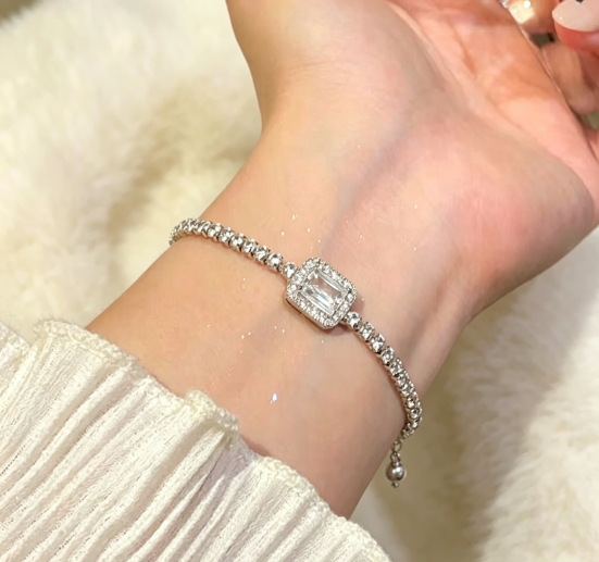 Women Zircon Rhombus Hollow Flower Bracelet, Adjustable Slider Bangle Elegant Fashion Wrist Jewelry
