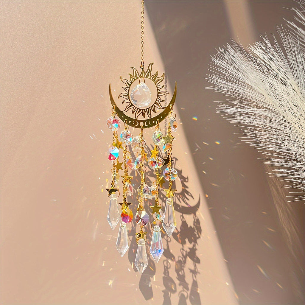 Golden Flame Moon Crystal Sun Catcher, Rainbow‑Maker Window Hanging Ornament