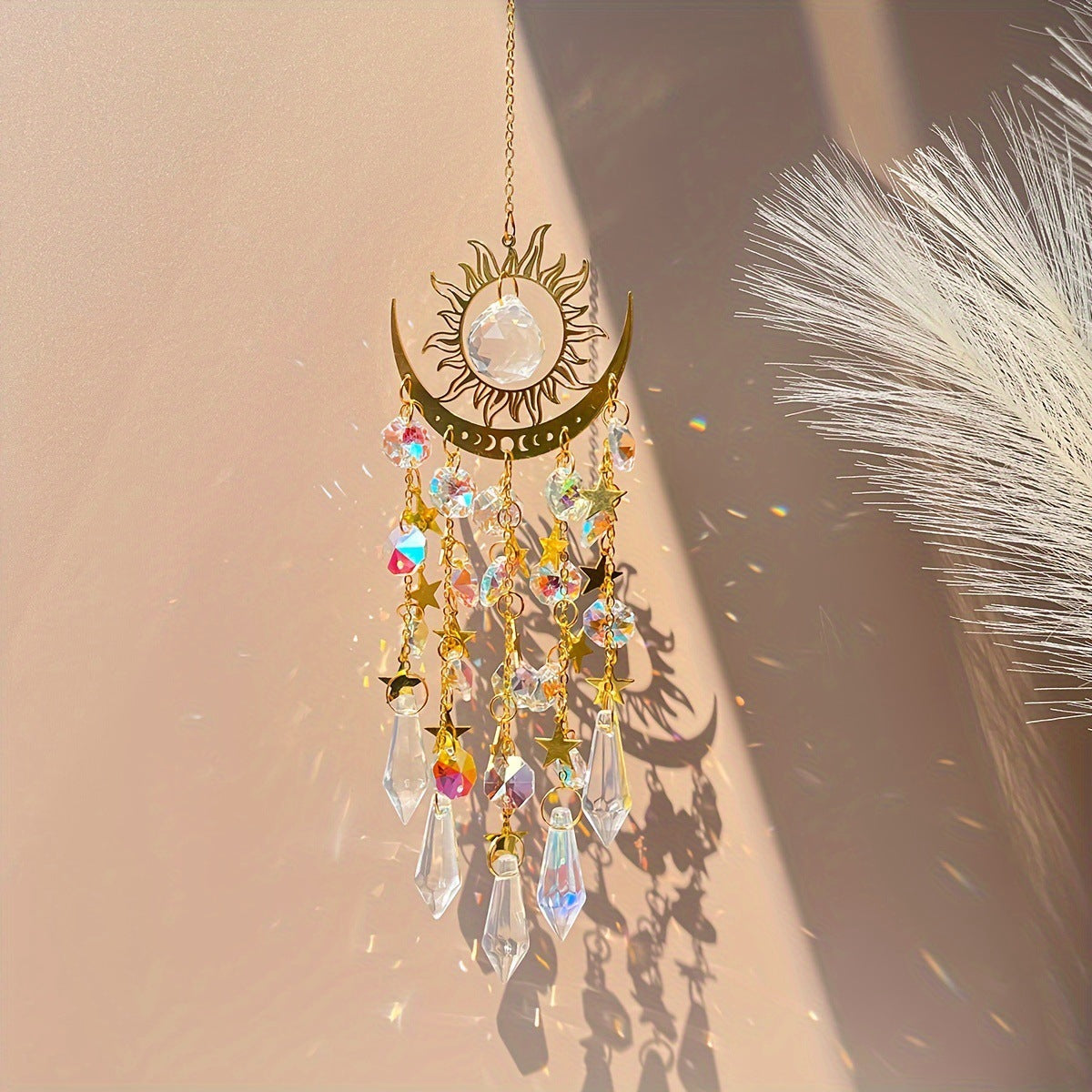 Golden Flame Moon Crystal Sun Catcher, Rainbow‑Maker Window Hanging Ornament