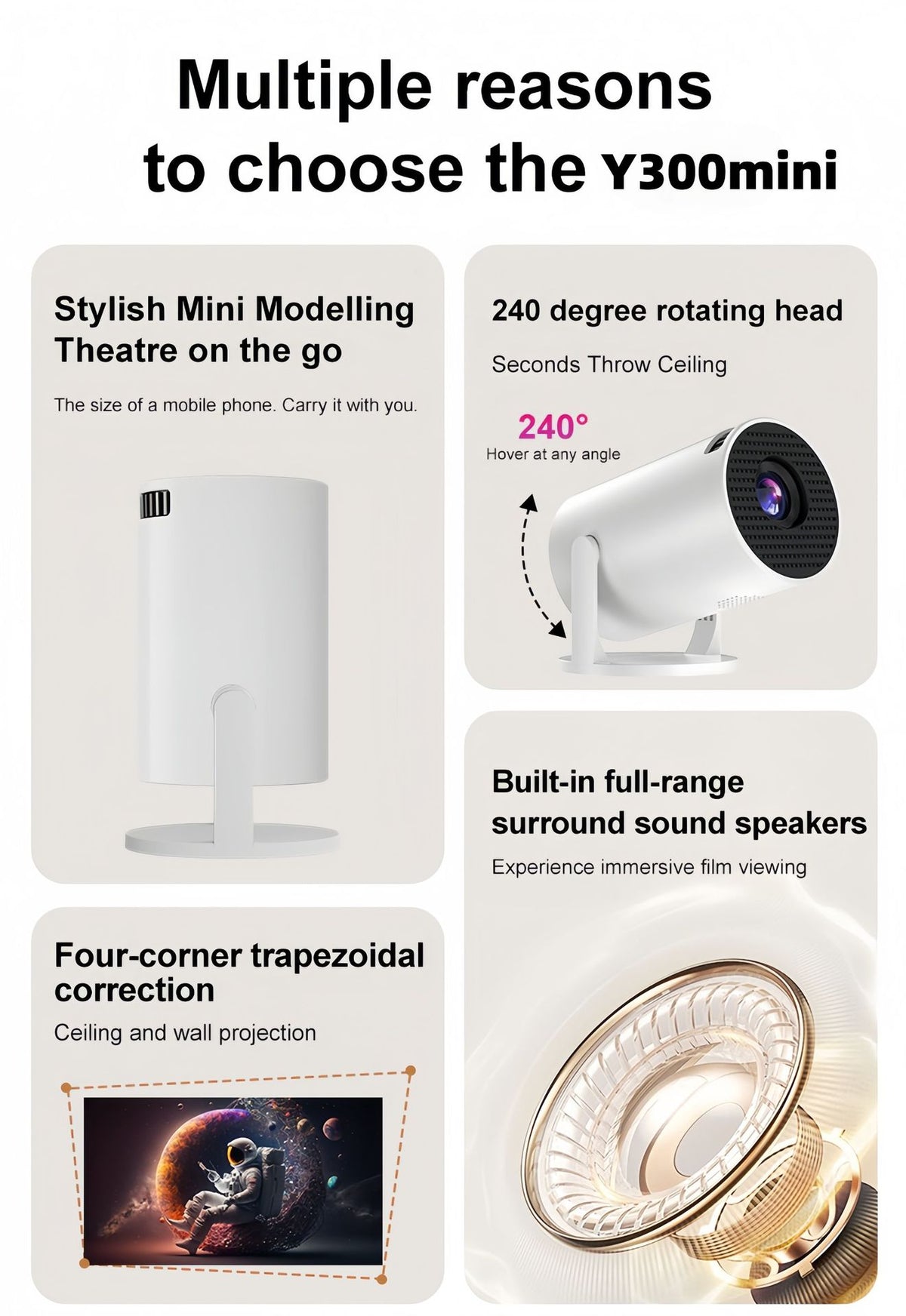 HY300 Mini Projector, Wireless Screen Mirroring, Supports 1080P, Portable Tube Home Theater