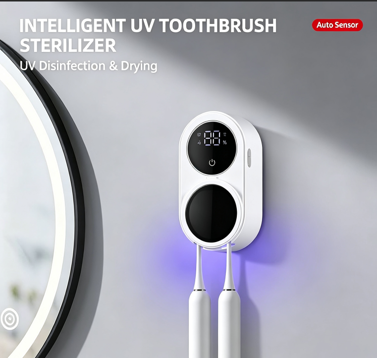 Mini Smart Double‑Person Ultraviolet Toothbrush Holder, Automatic Wall‑Mounted Toothbrush Sterilizer for Home