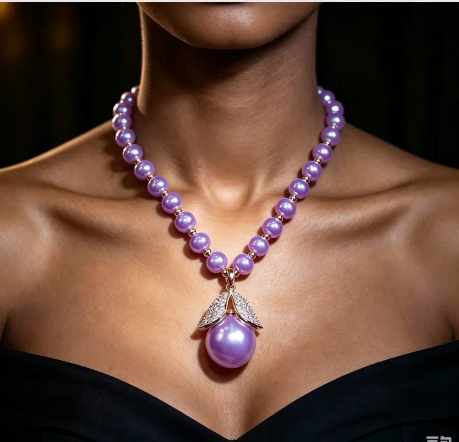 Luxury Purple Pearl Full Zircon Leaf Pendant Necklace