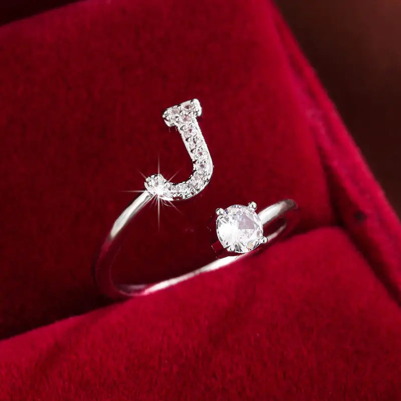 Simple Daily Women Open Ring, Micro Inlaid Zircon Letter Adjustable Finger Jewelry