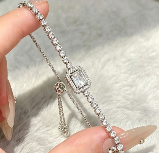 Women Zircon Rhombus Hollow Flower Bracelet, Adjustable Slider Bangle Elegant Fashion Wrist Jewelry