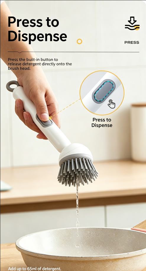 Long Handle Rotating Dish Brush with Liquid Adding Function, Multifunctional Kitchen Cleaning Brush, Oil-proof & Safe for Pots