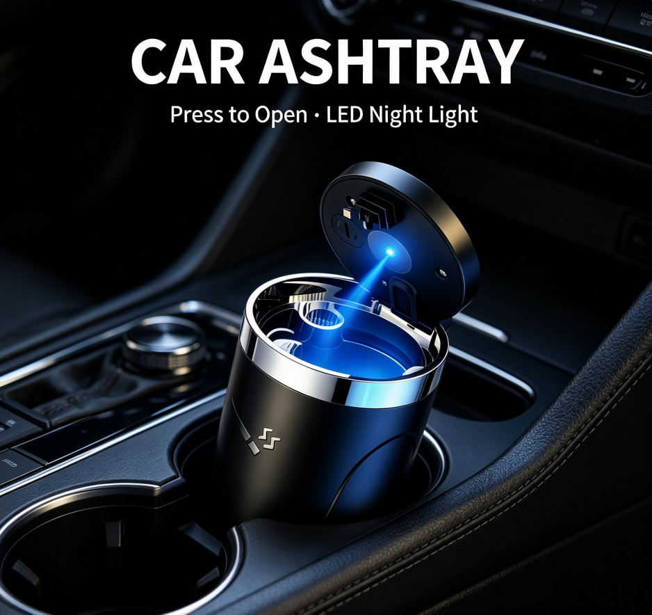 One‑Touch Open Car Ashtray, Portable Odor‑Sealing Vehicle Ash Holder with Lid
