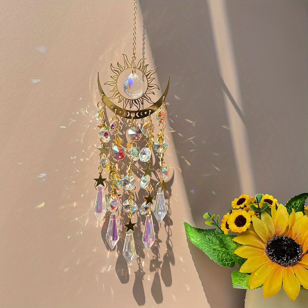 Golden Flame Moon Crystal Sun Catcher, Rainbow‑Maker Window Hanging Ornament
