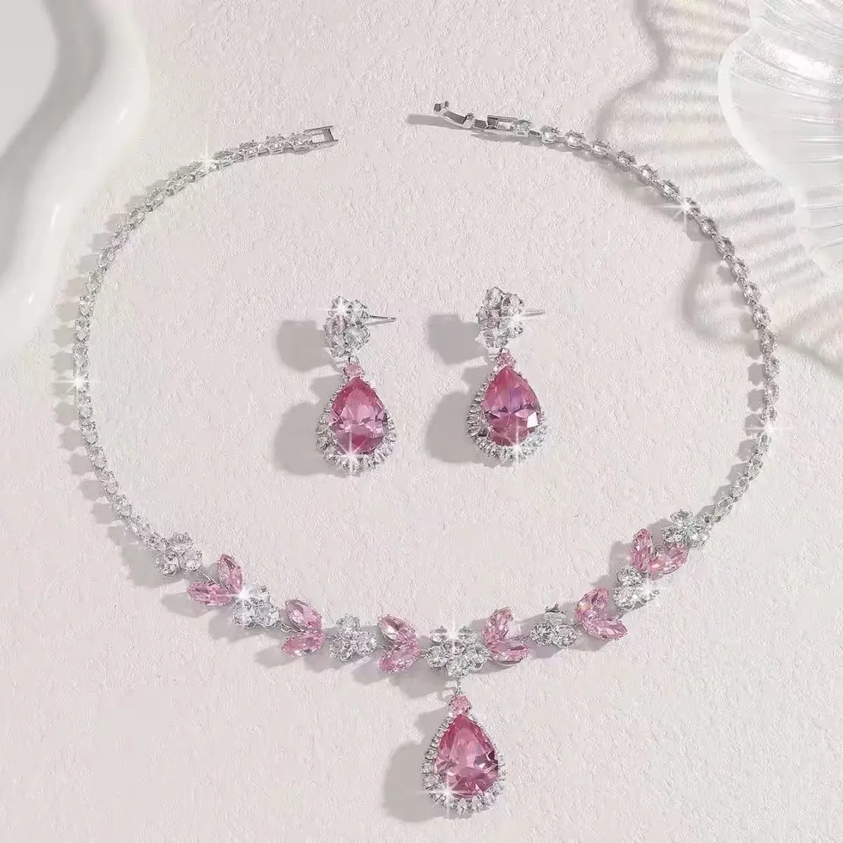 Shiny Zircon Pearl Necklace & Earrings Jewelry Set