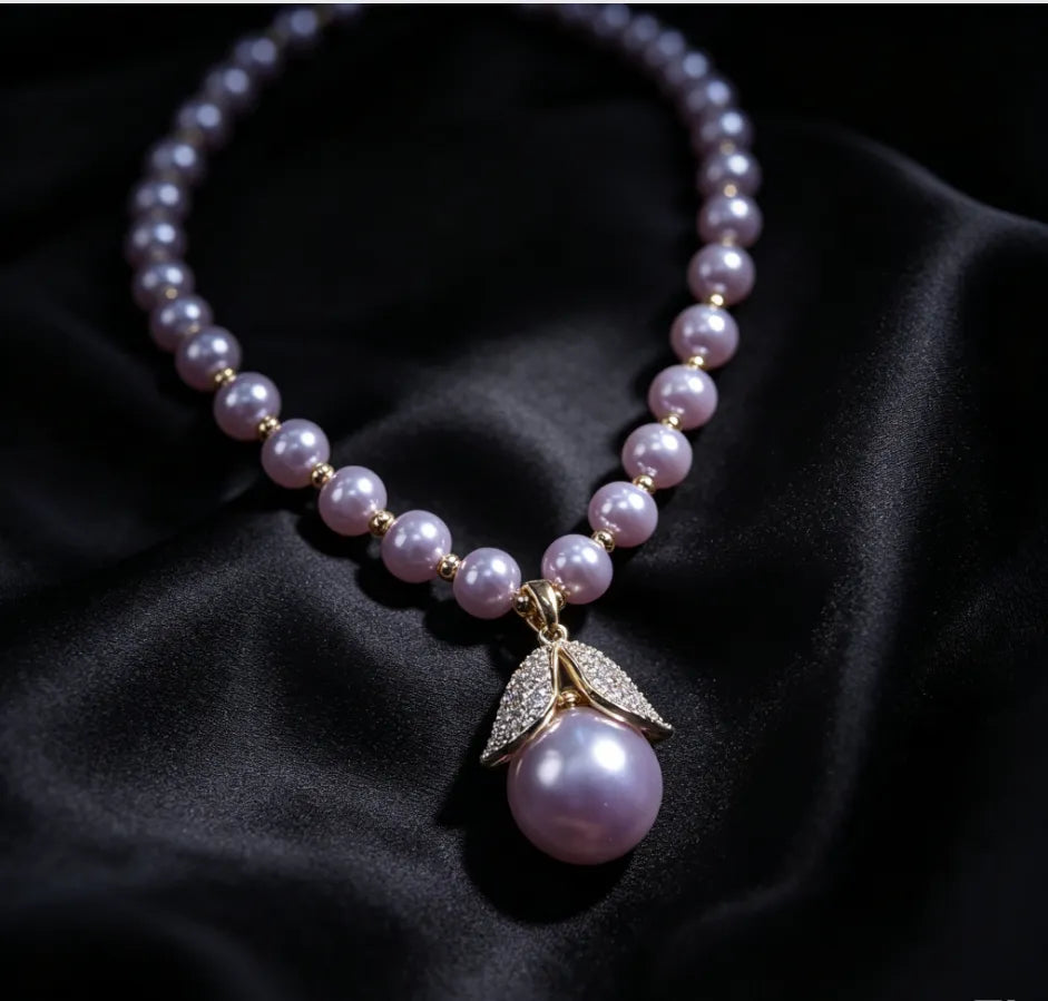 Luxury Purple Pearl Full Zircon Leaf Pendant Necklace