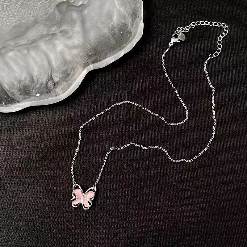 Minimalist High-end Strawberry Quartz Butterfly Pendant, Dainty Clavicle Necklace For Women