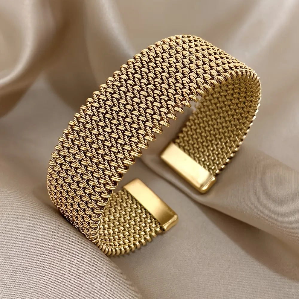 Trendy European Luxury Gold Stainless Steel Open Bangle, Niche High-End Stackable Wrist Jewelry For Women