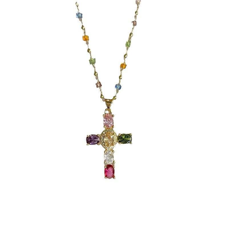 Sweet Cool Niche Cross Pendant Necklace, Super Sparkly Color Zircon Dopamine Beaded Clavicle Chain For Women