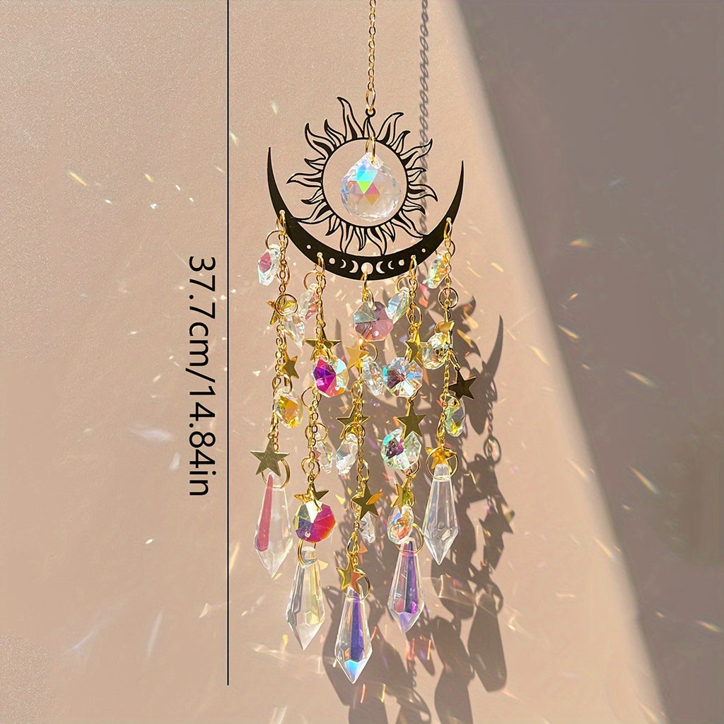 Golden Flame Moon Crystal Sun Catcher, Rainbow‑Maker Window Hanging Ornament