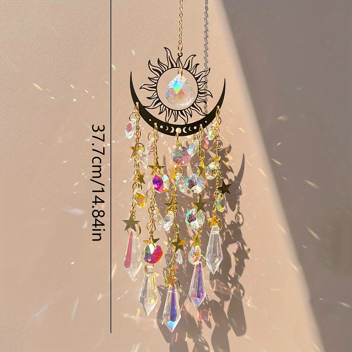 Golden Flame Moon Crystal Sun Catcher, Rainbow‑Maker Window Hanging Ornament