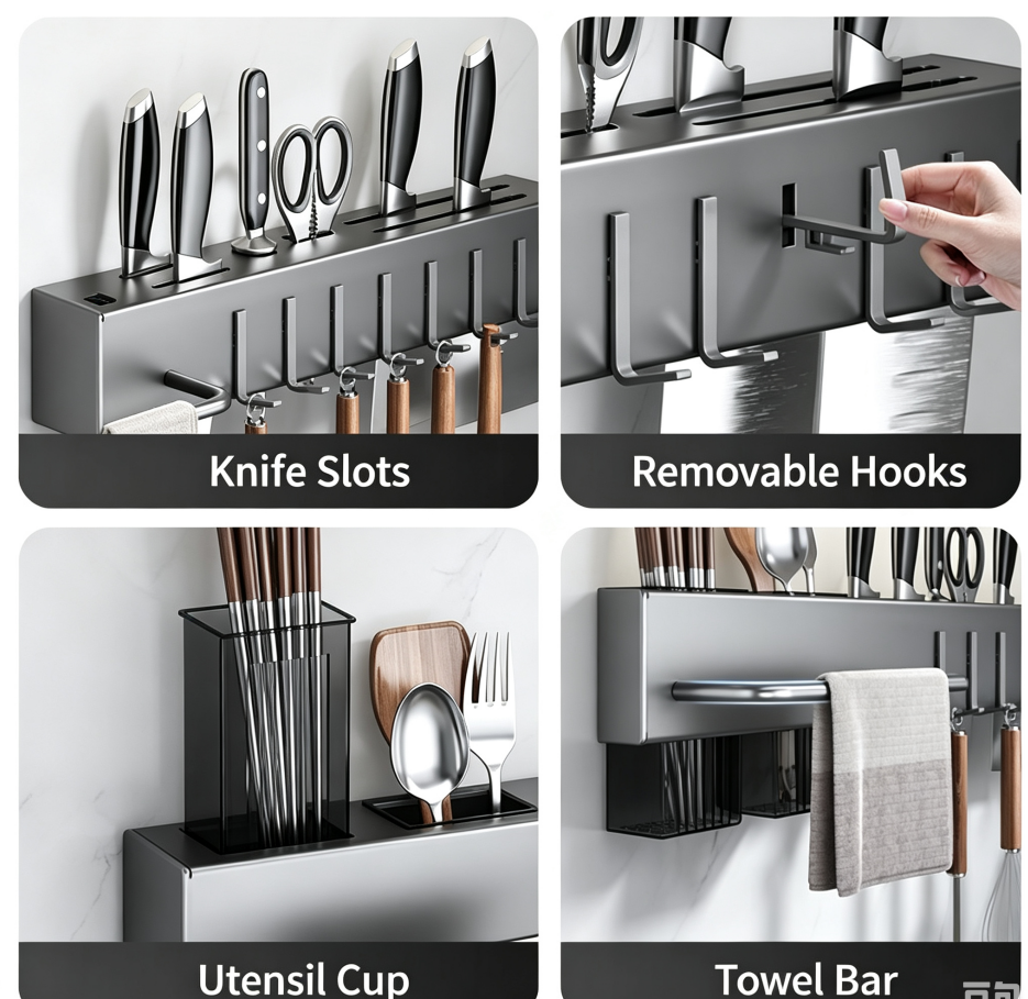 Wall‑Mounted Kitchen Utensil Storage Rack, Multi‑Function Knife & Chopstick Holder