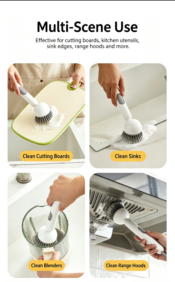 Long Handle Rotating Dish Brush with Liquid Adding Function, Multifunctional Kitchen Cleaning Brush, Oil-proof & Safe for Pots