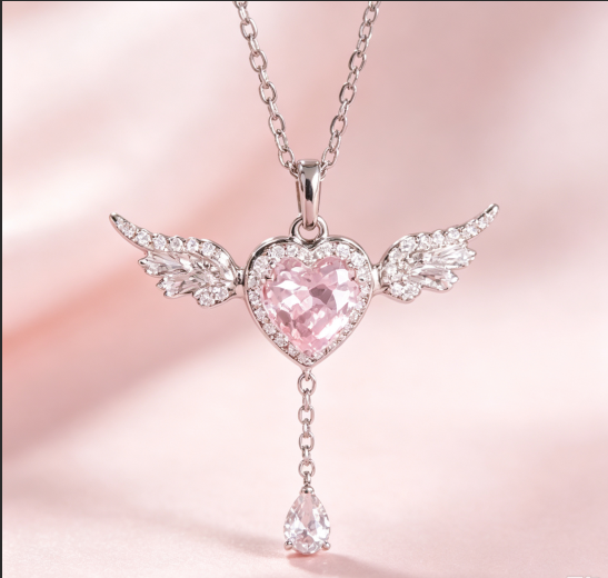 Women Angel Heart Pink Cubic Zirconia Pendant Necklace, Sweet Romantic Light‑Luxury Clavicle Chain Jewelry