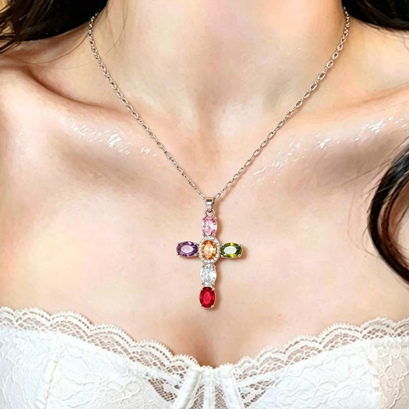 Sweet Cool Niche Cross Pendant Necklace, Super Sparkly Color Zircon Dopamine Beaded Clavicle Chain For Women