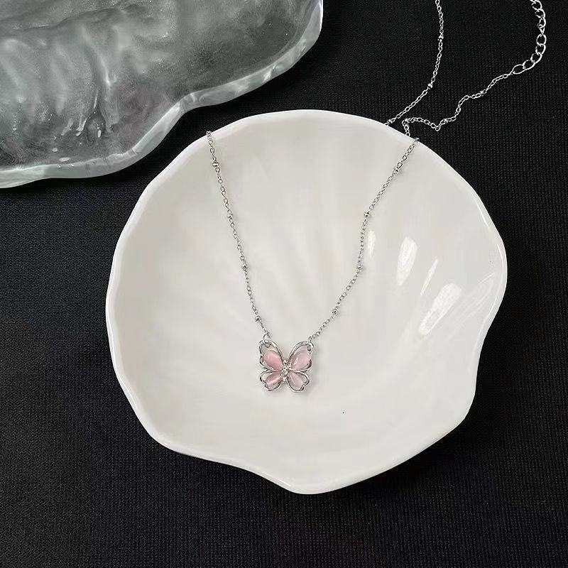 Minimalist High-end Strawberry Quartz Butterfly Pendant, Dainty Clavicle Necklace For Women