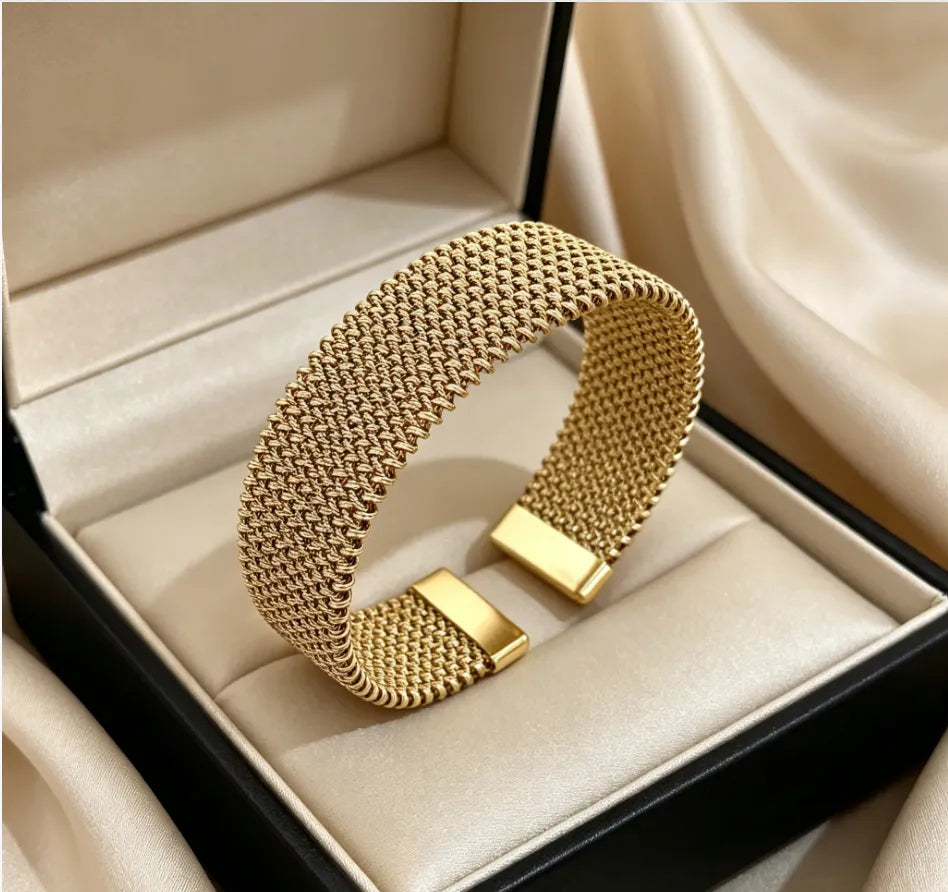 Trendy European Luxury Gold Stainless Steel Open Bangle, Niche High-End Stackable Wrist Jewelry For Women