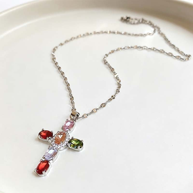 Sweet Cool Niche Cross Pendant Necklace, Super Sparkly Color Zircon Dopamine Beaded Clavicle Chain For Women