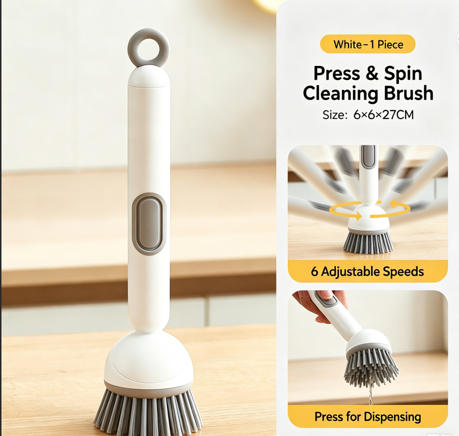 Long Handle Rotating Dish Brush with Liquid Adding Function, Multifunctional Kitchen Cleaning Brush, Oil-proof & Safe for Pots