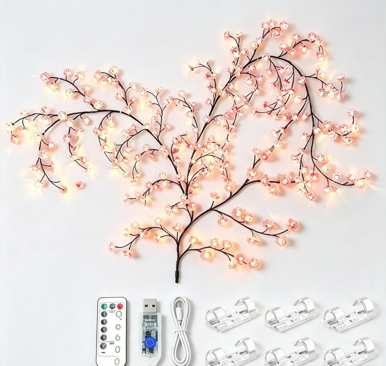 Remote‑Controlled LED Cherry Blossom Tree Vine Light, Flexible Wall Hanging Decor Lamp