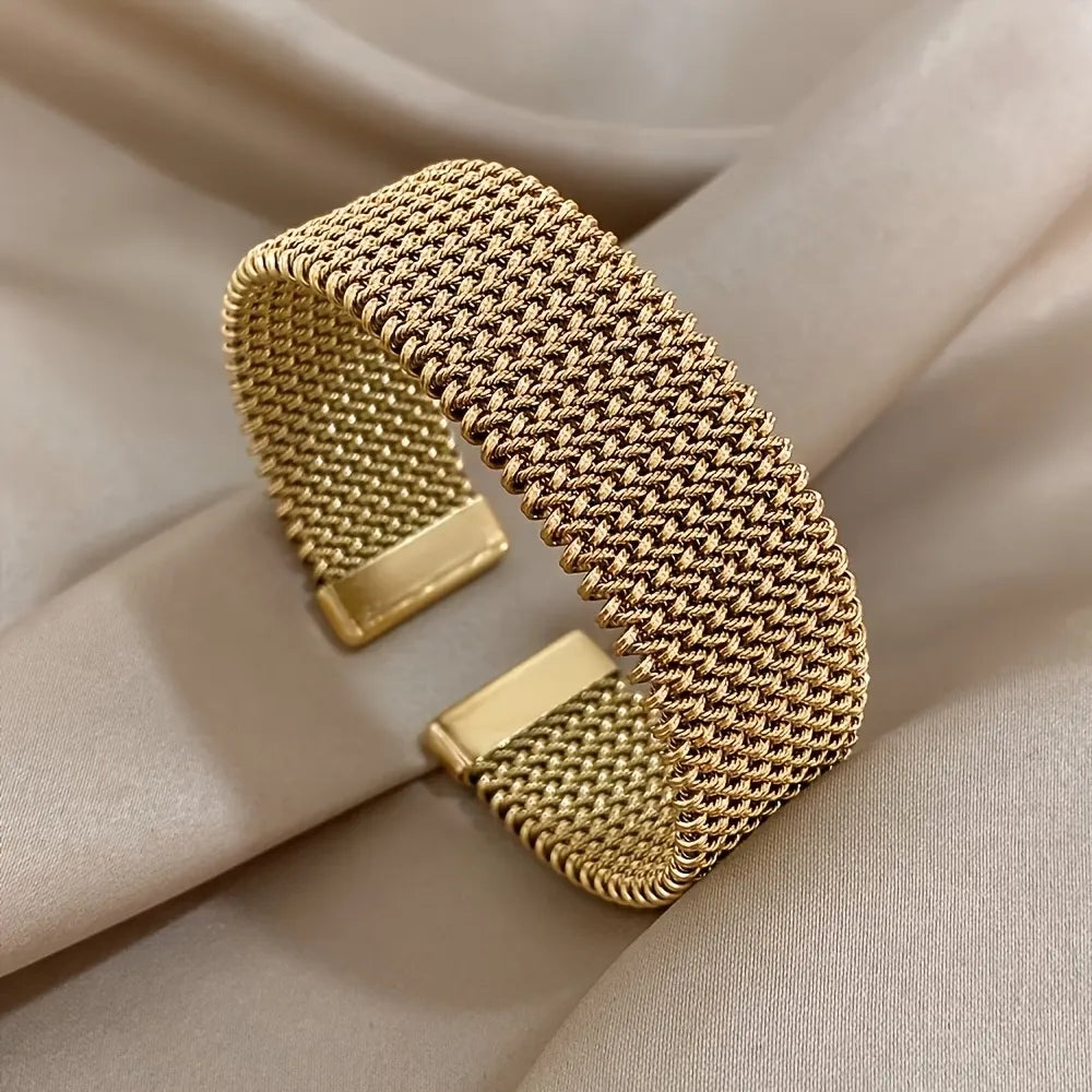 Trendy European Luxury Gold Stainless Steel Open Bangle, Niche High-End Stackable Wrist Jewelry For Women
