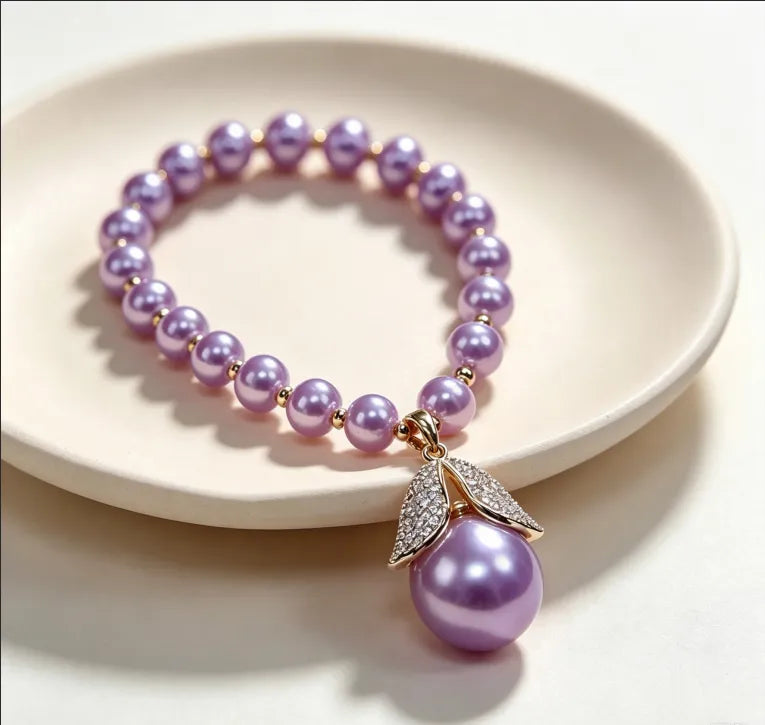 Luxury Purple Pearl Full Zircon Leaf Pendant Necklace