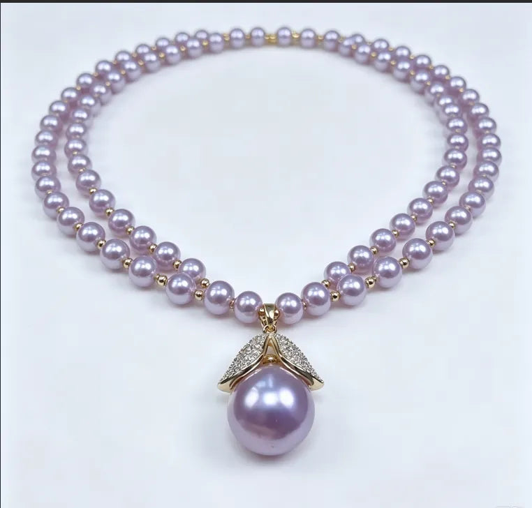 Luxury Purple Pearl Full Zircon Leaf Pendant Necklace