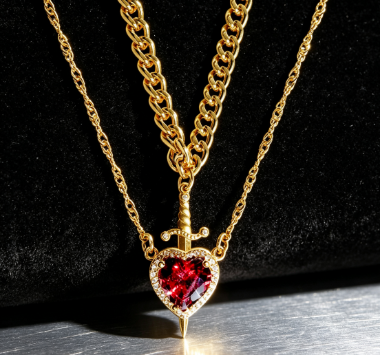 Heart Dagger Piercing Heart Pendant Necklace Set, Sparkling Zircon Clavicle Chain for Women