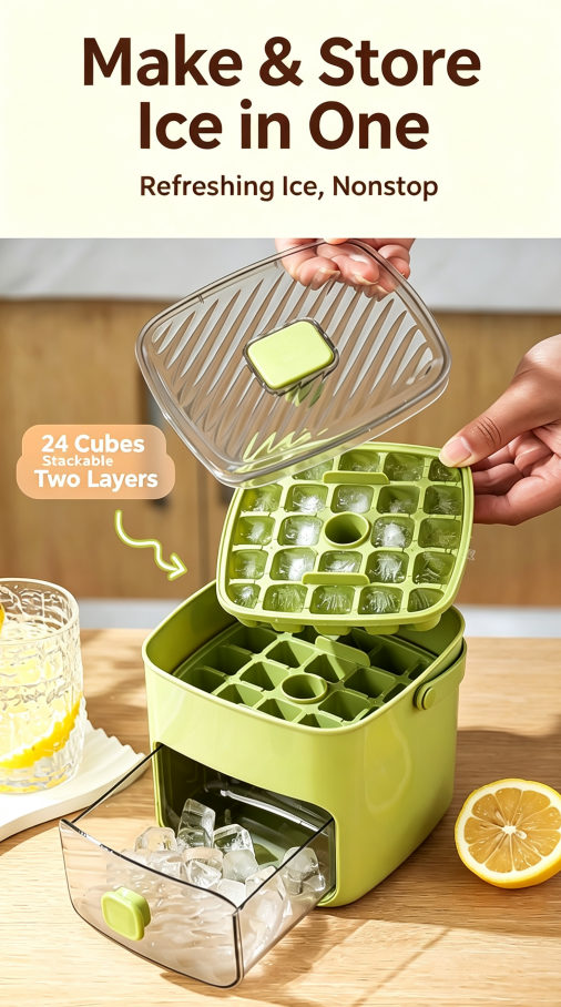 Double Layer Press Ice Cube Mold, One Press Easy Release Ice Tray, Reusable Stackable Ice Maker for Whiskey, Coffee & Cocktails