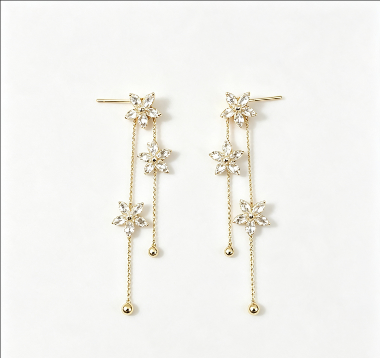 Niche High-End Silver Needle Flower Zircon Tassel Earrings, Elegant Women Floral Stud Jewelry