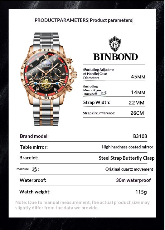 Binbang Luxury Men Quartz Watch, Flywheel Luminous Waterproof Business Timepiece For Students Offic
