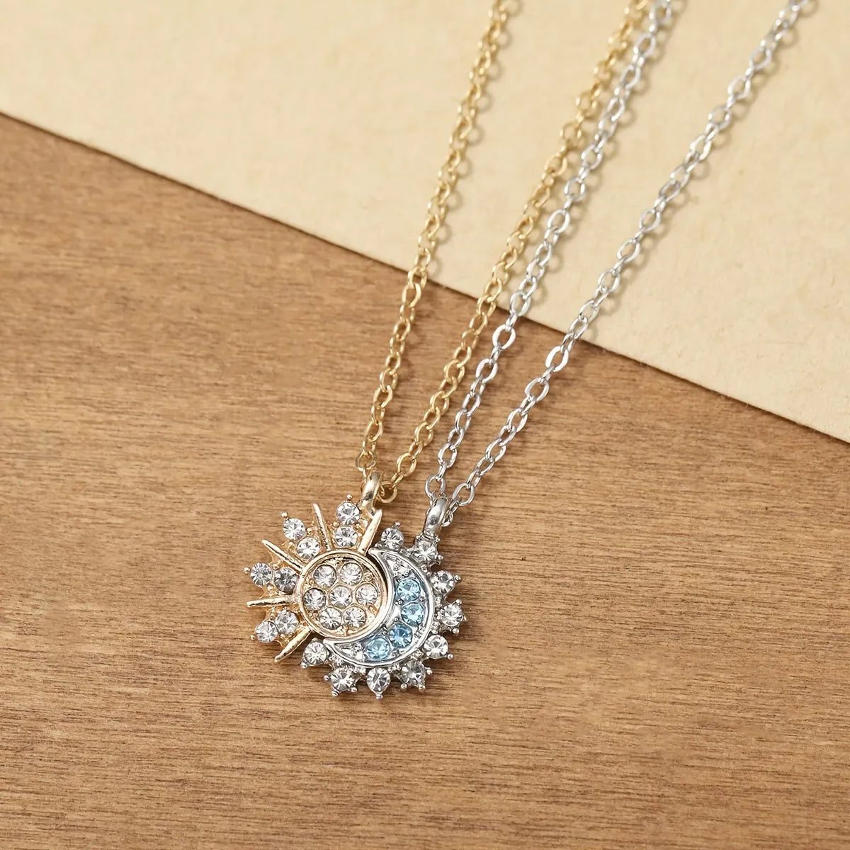 Sun & Moon Layered Necklace - Vintage Crystal Design for Women