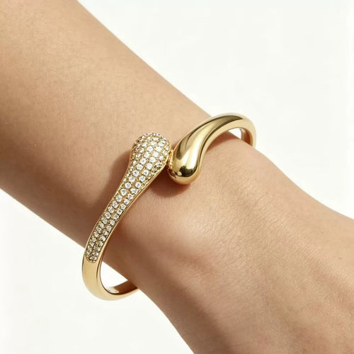 Luxury Niche Snake Waterdrop Full Paved Zircon Bangle, Anti-fade Gold Plated Designer Bracelet
