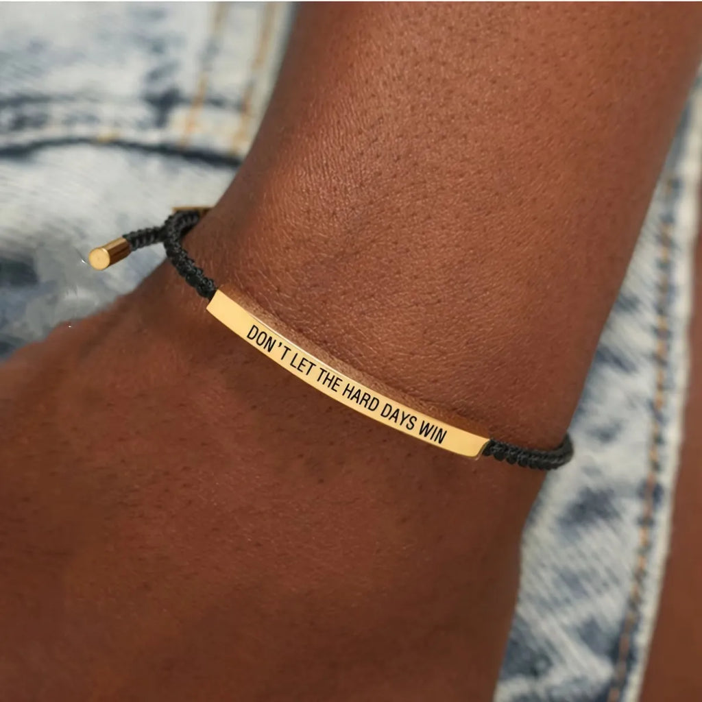 Stainless Steel Curved Tube Motivational Braided Bracelet - Adjustable Pull