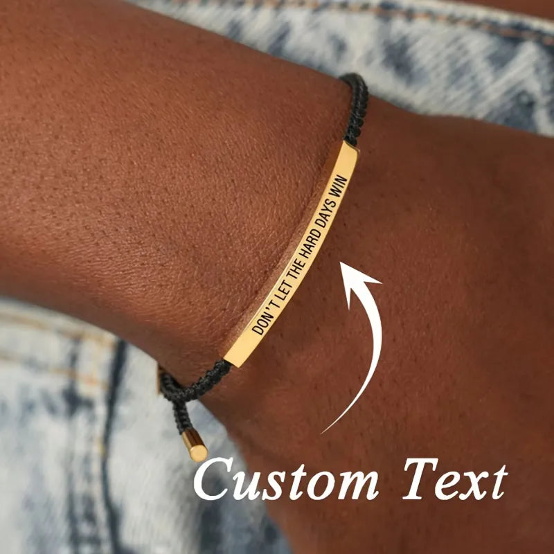 Stainless Steel Curved Tube Motivational Braided Bracelet - Adjustable Pull