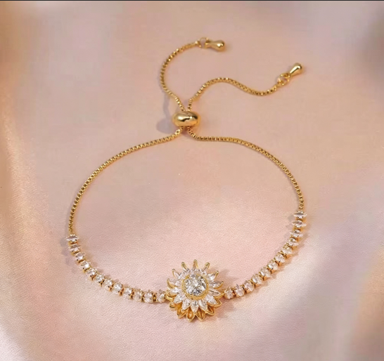 Women Rotatable Sunflower Bracelet, Spinning Fidget Relief Zircon Wrist Jewelry Fashion Adjustable Bracelet