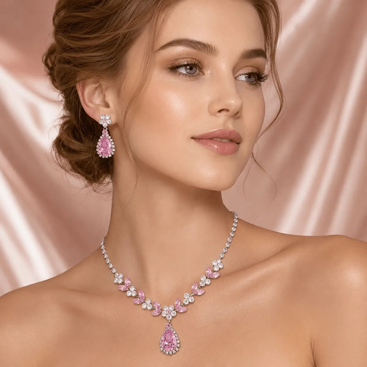 Shiny Zircon Pearl Necklace & Earrings Jewelry Set