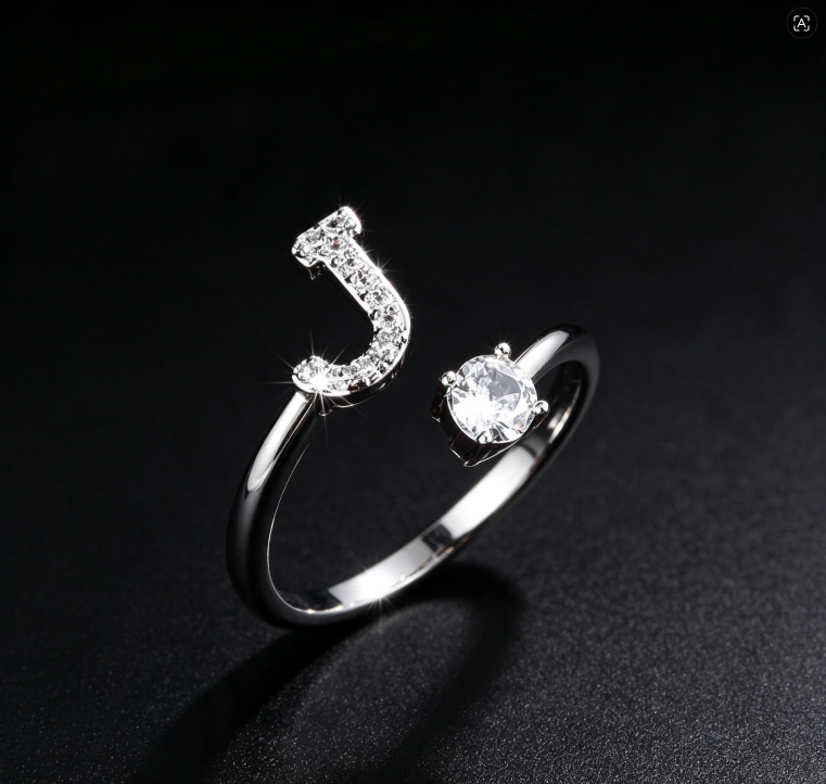 Simple Daily Women Open Ring, Micro Inlaid Zircon Letter Adjustable Finger Jewelry