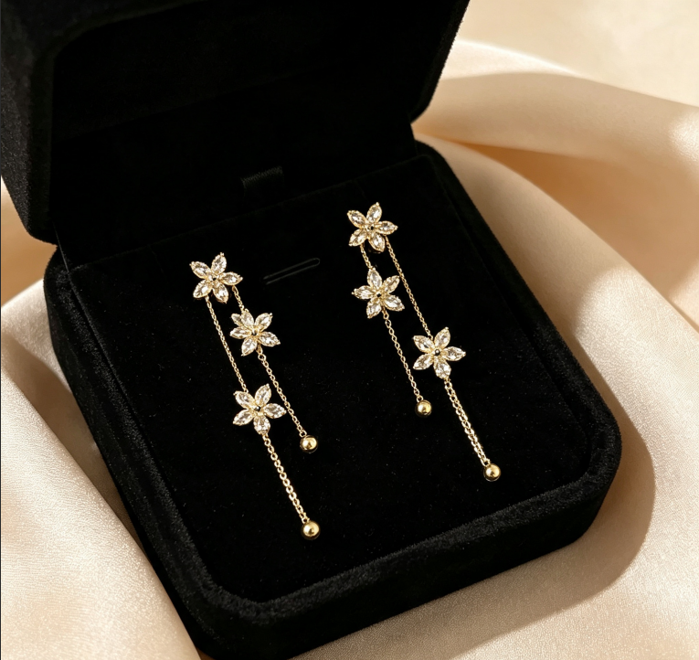Niche High-End Silver Needle Flower Zircon Tassel Earrings, Elegant Women Floral Stud Jewelry