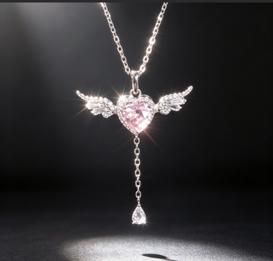 Women Angel Heart Pink Cubic Zirconia Pendant Necklace, Sweet Romantic Light‑Luxury Clavicle Chain Jewelry
