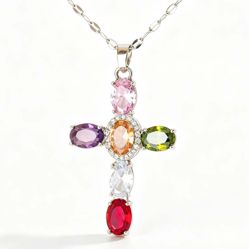 Sweet Cool Niche Cross Pendant Necklace, Super Sparkly Color Zircon Dopamine Beaded Clavicle Chain For Women