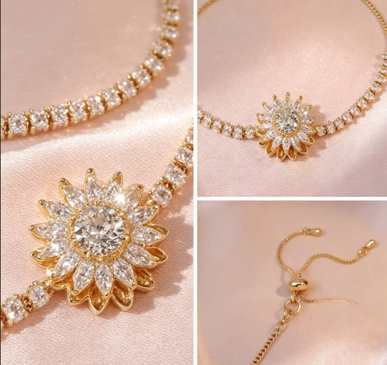 Women Rotatable Sunflower Bracelet, Spinning Fidget Relief Zircon Wrist Jewelry Fashion Adjustable Bracelet