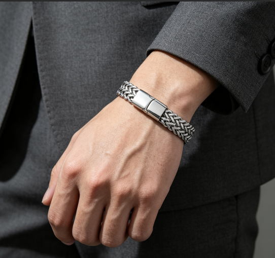 Titanium Steel Bracelet, Stainless‑Steel Braided Double‑Sided Dragon Bone Magnetic Clasp